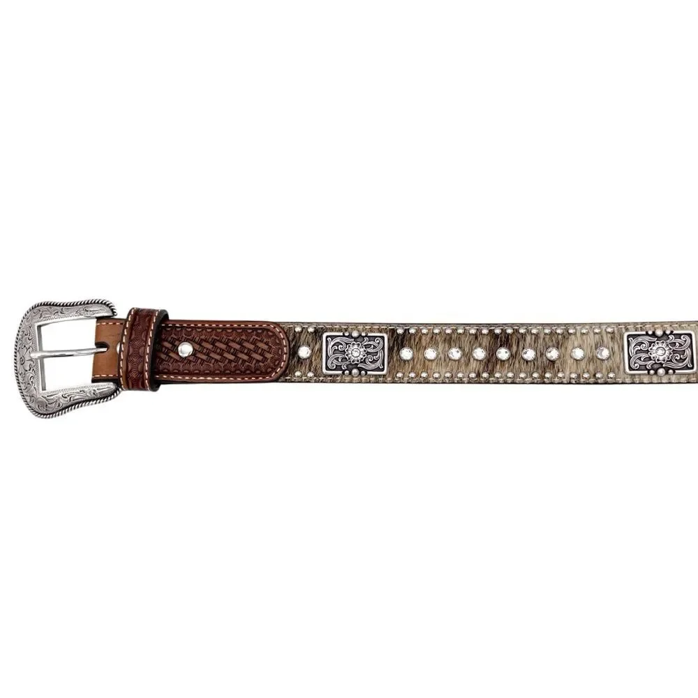 Nocona Brown Tooled Leather Belt Hair-On Cowhide Rhinestone Boho Western Size 28